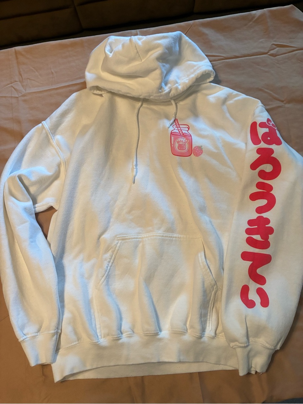 Hello Kitty Women’s White Hoodie Sweatshirt with Pink Japanese Script